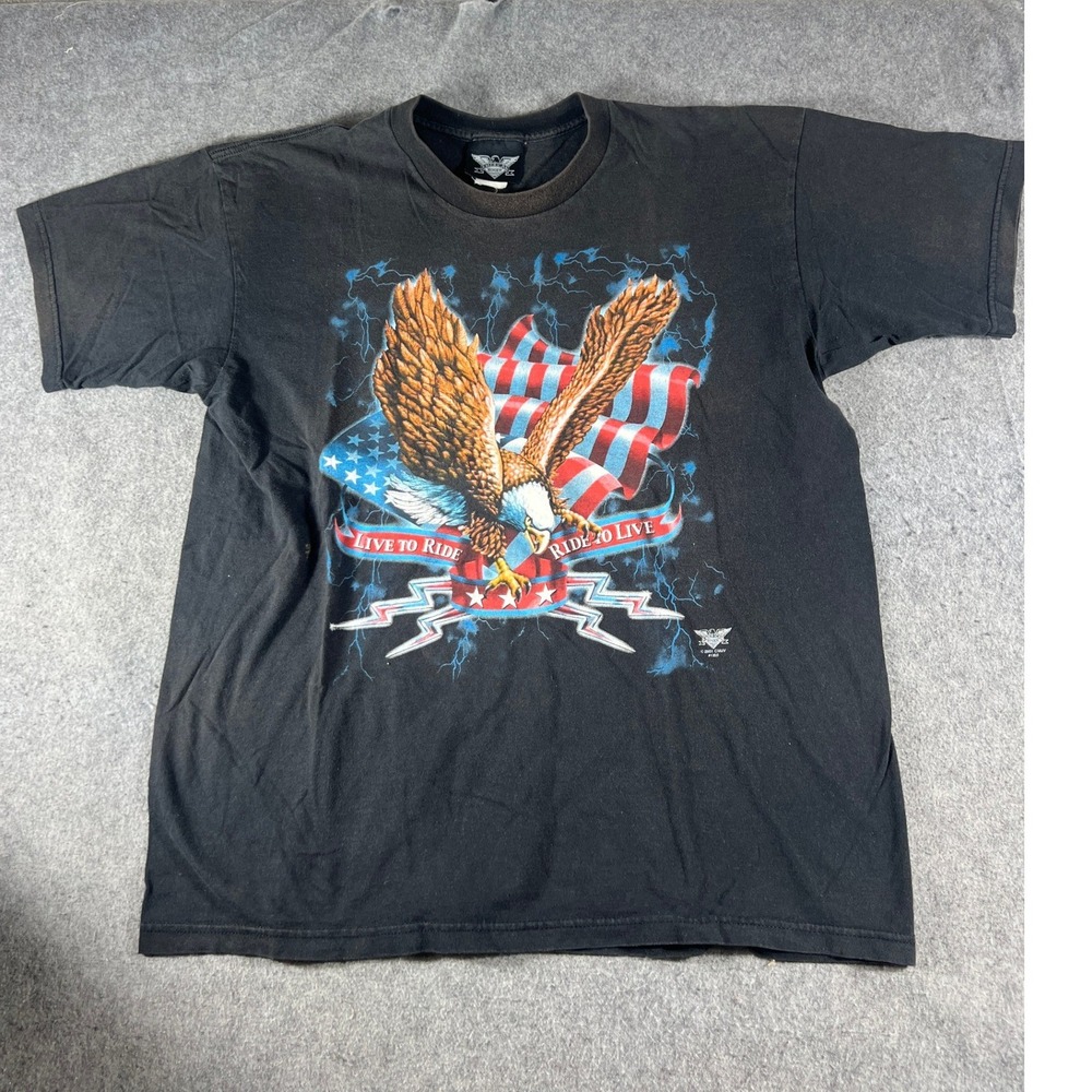 VTG Y2K American Biker Live To Ride T Shirt Men 2XL Black Eagle Flag Graphic Tee
